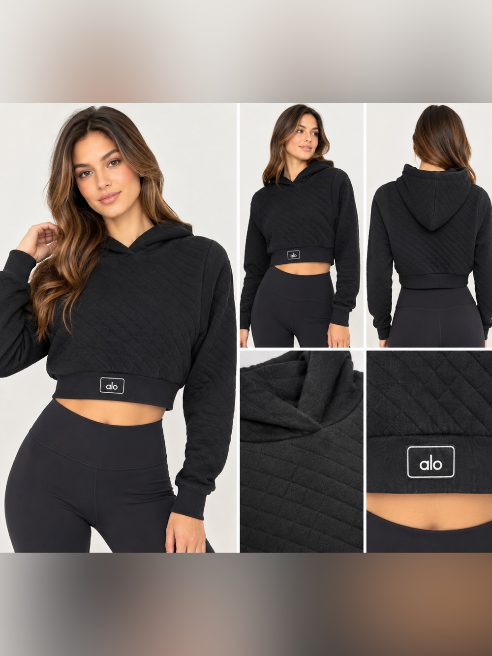 Alo Yoga Black Quilted Arena Cropped Hoodie Pullover Sweatshirt XS